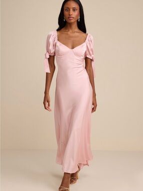 Lulus Santa Marta Blush Pink Satin Puff Sleeve Bow Maxi Dress XS NWT